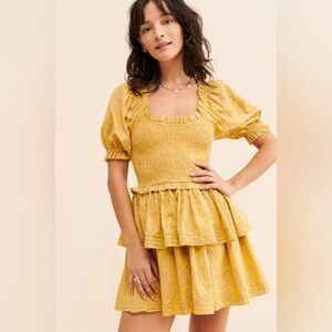 Cleobella Luna Yellow Organic Cotton Smocked Puff Sleeve Tiered Mini Dress S